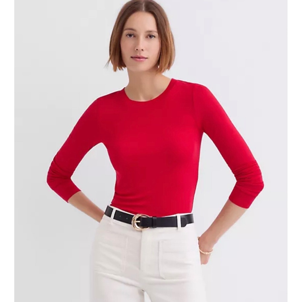 Lord & Taylor Red Extra Fine Merino Wool‎ Crewneck Sweater Petite Small PS
